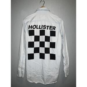 Hollister Men's XS Button-Up Shirt Longline Fit Checker Board Logo Denim White